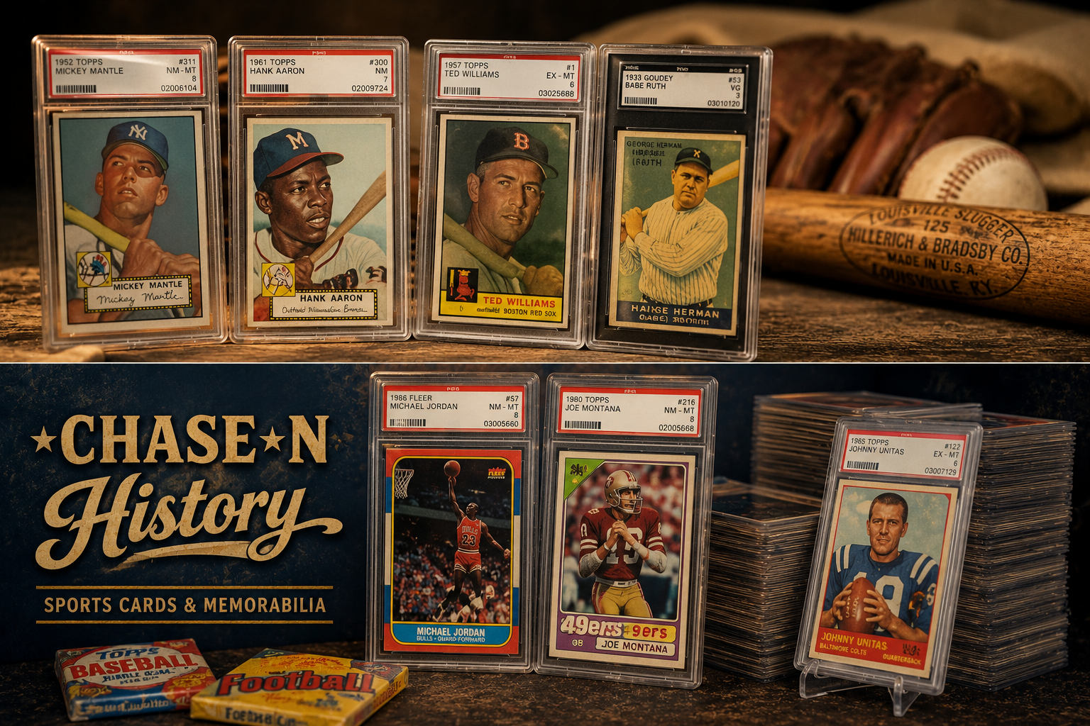 Graded vintage Topps and Fleer sports cards including Mickey Mantle, Hank Aaron, Michael Jordan and Joe Montana